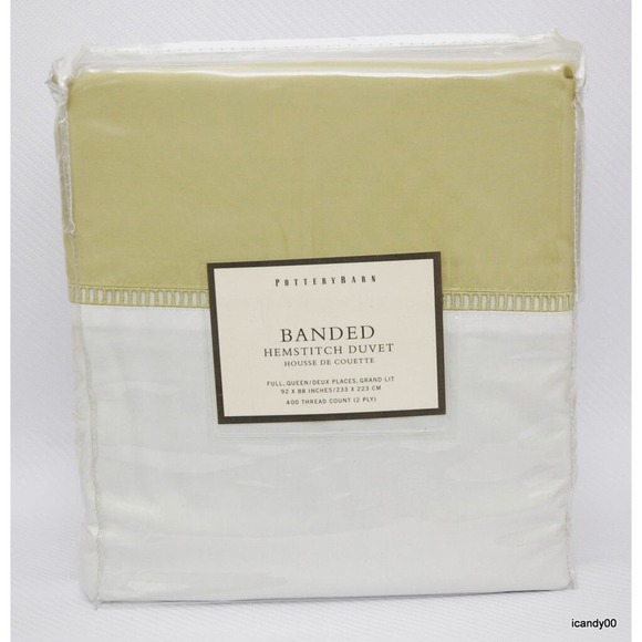 Pottery Barn Banded Hemstitch Duvet 400 Thread White/Green QUEEN/FULL Nip $179 - Picture 1 of 4